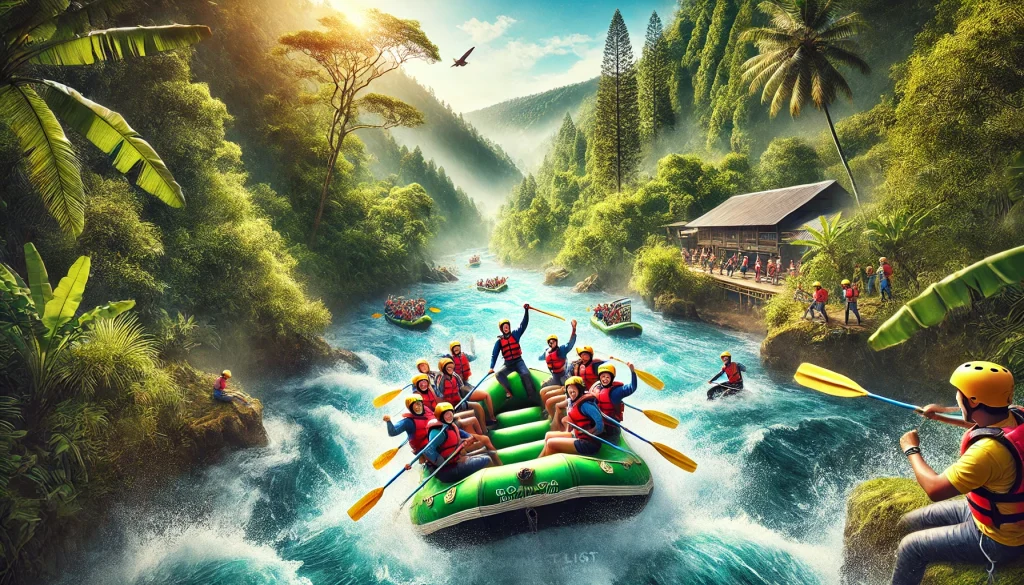 Wisatawan yang mengalami petualangan arung jeram yang tak boleh dilewatkan di Songa Adventure di Probolinggo, Indonesia, mendayung menyusuri sungai dengan hutan hijau yang rimbun di sekitarnya. Adegan ini menggambarkan sensasi, kerja sama tim, dan keindahan alam dari destinasi yang wajib dikunjungi ini.