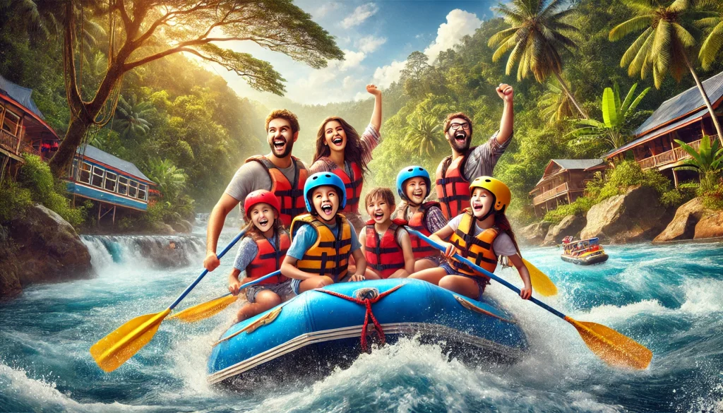 Keluarga menikmati liburan di Songa Adventure Indonesia, sedang berarung jeram di sungai deras yang dikelilingi pepohonan hijau tropis. Setiap anggota keluarga memakai helm dan rompi pelampung, tersenyum antusias saat melewati jeram. Di latar belakang terdapat pohon-pohon tinggi dan tebing batu yang menambah nuansa petualangan. Suasana penuh semangat dengan percikan