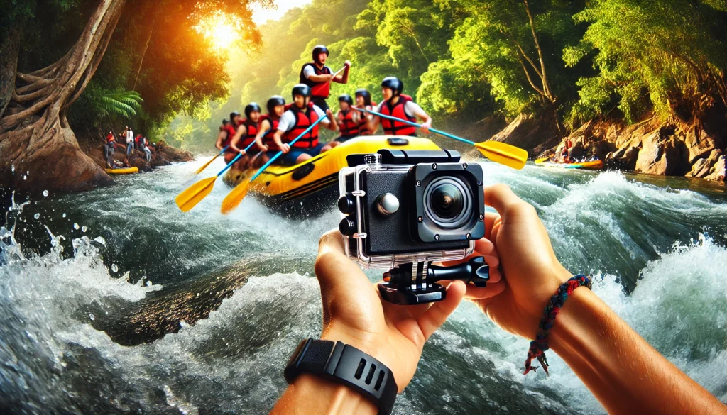 Fotografer memegang kamera tahan air saat rafting, bersiap mengambil momen seru kelompok yang berarung jeram melalui sungai deras dengan latar belakang pepohonan dan bebatuan alami. Fotografer fokus mengabadikan ekspresi ceria para peserta, percikan air, dan sudut aksi yang dinamis, menambah kesan petualangan.